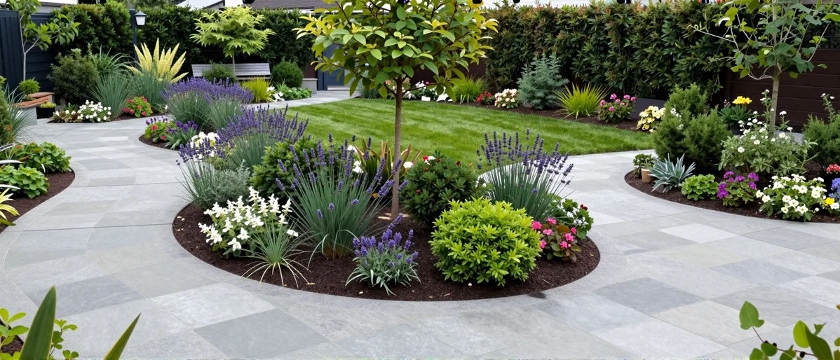 Frisch bepflanztes Gartenbeet neben einer Terrasse mit Lavendel, Hortensien, Straeuchern und Ziergraesern