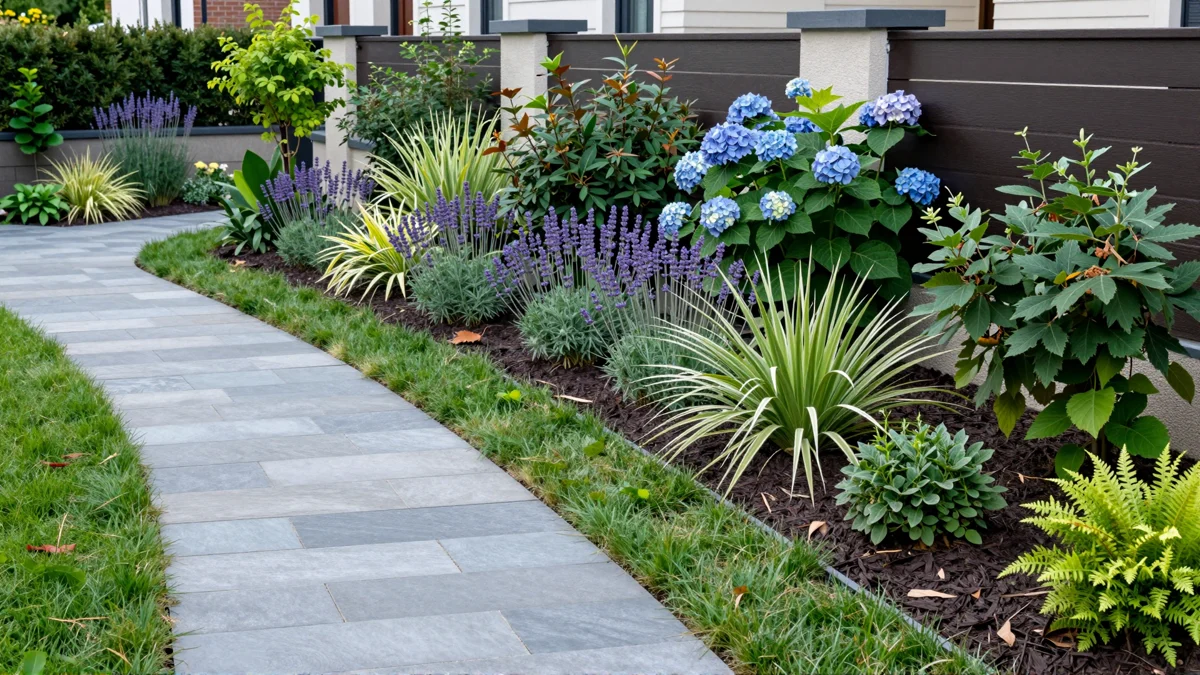 Frisch bepflanztes Gartenbeet neben einer Terrasse mit Lavendel, Hortensien, Straeuchern und Ziergraesern
