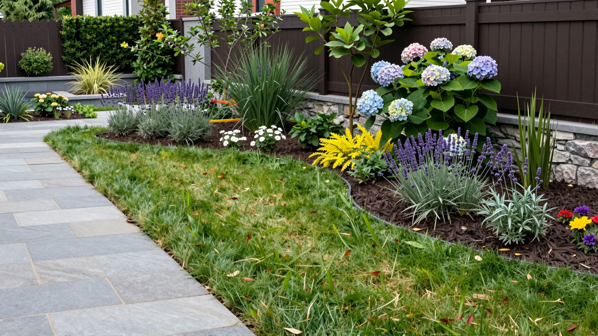 Frisch bepflanztes Gartenbeet neben einer Terrasse mit Lavendel, Hortensien, Straeuchern und Ziergraesern