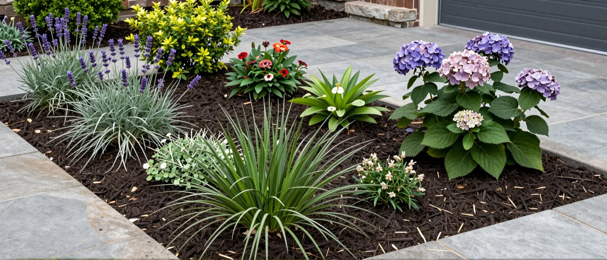 Frisch bepflanztes Gartenbeet neben einer Terrasse mit Lavendel, Hortensien, Straeuchern und Ziergraesern