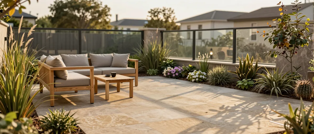 Moderne Gartenterrasse mit Sandsteinplatten, Teakmöbeln und üppigen Ziergräsern im warmen Abendlicht