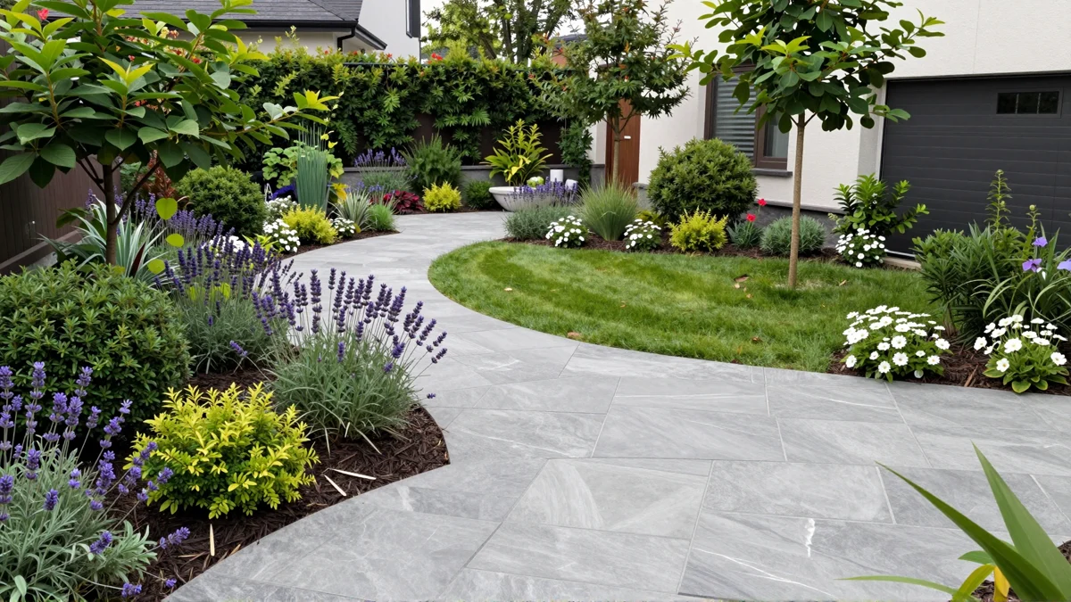 Frisch bepflanztes Gartenbeet neben einer Terrasse mit Lavendel, Hortensien, Straeuchern und Ziergraesern