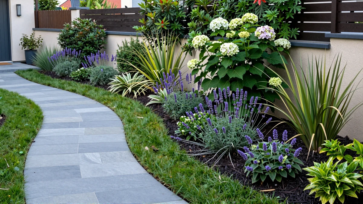 Frisch bepflanztes Gartenbeet neben einer Terrasse mit Lavendel, Hortensien, Straeuchern und Ziergraesern