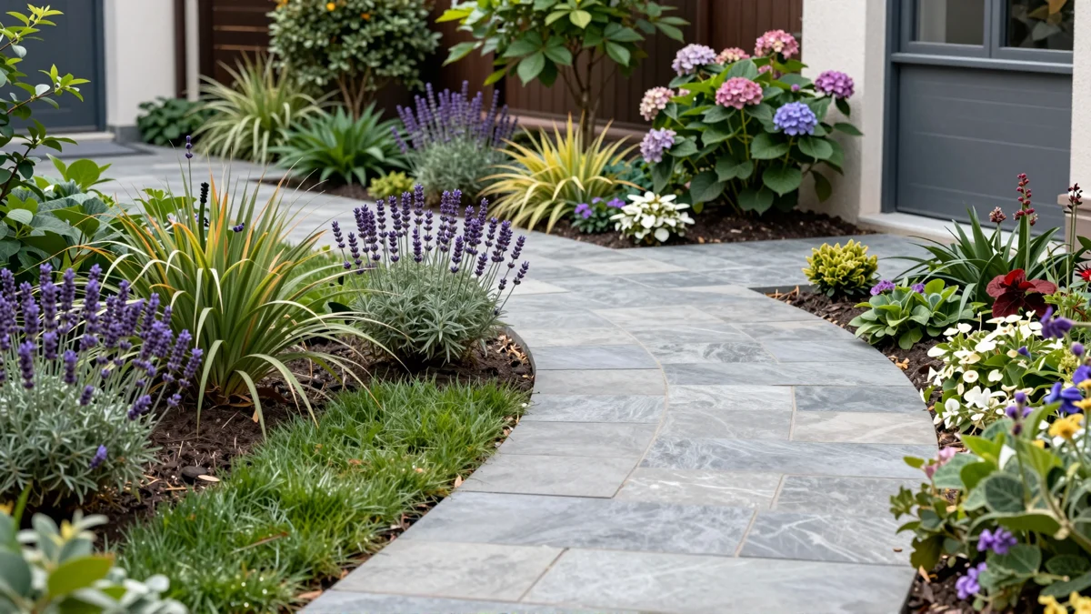 Frisch bepflanztes Gartenbeet neben einer Terrasse mit Lavendel, Hortensien, Straeuchern und Ziergraesern