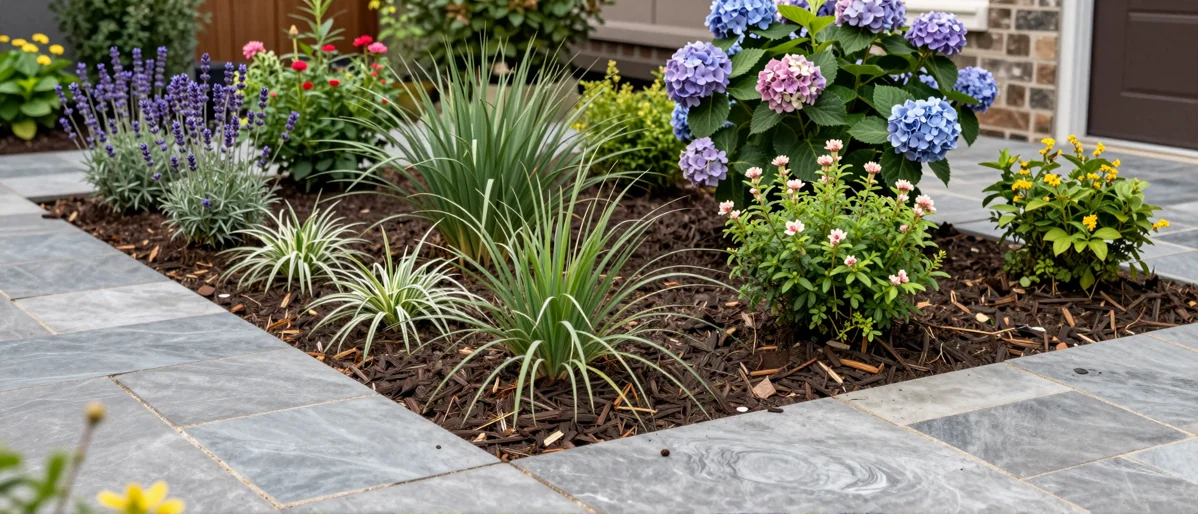 Frisch bepflanztes Gartenbeet neben einer Terrasse mit Lavendel, Hortensien, Straeuchern und Ziergraesern