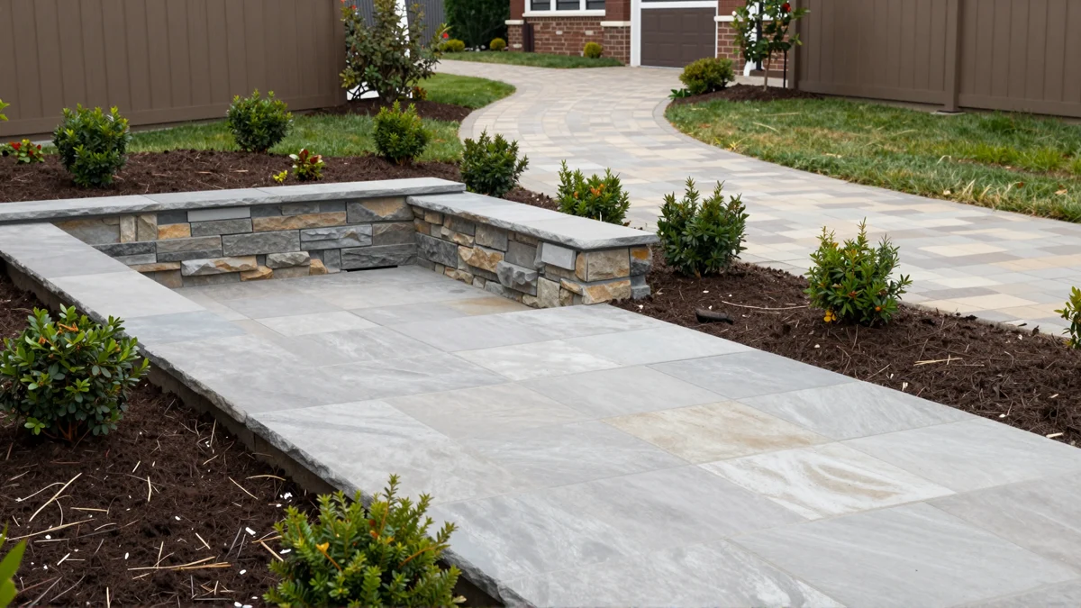 Fertig angelegte Aussenanlage mit Natursteinmauer, Steinterrasse, Pflanzbeeten und gepflastertem Weg