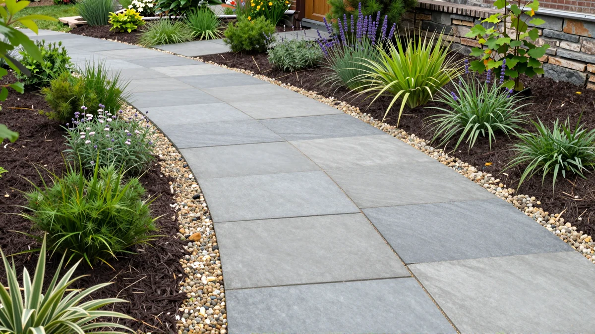 Frisch bepflanztes Gartenbeet neben einer Terrasse mit Lavendel, Hortensien, Straeuchern und Ziergraesern