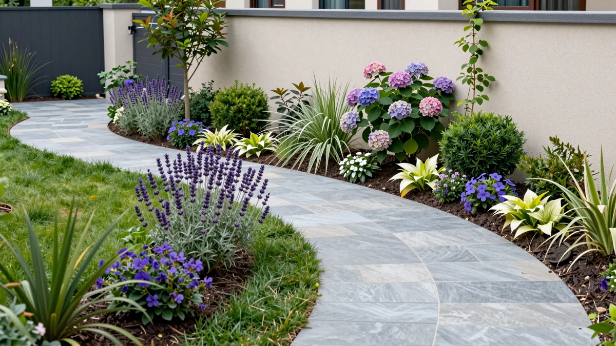 Neu verlegter Gartenweg aus Naturstein mit Kieskante, Lavendel, Straeuchern und Ziergraesern