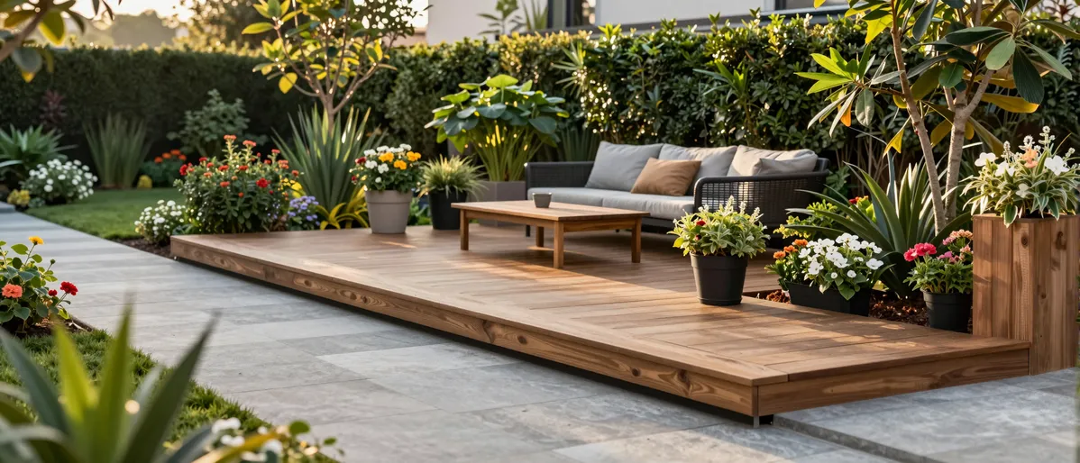 Ein gepflegter Garten mit Holzterrasse, Steinwegen und bunten Blumen in warmem Abendlicht