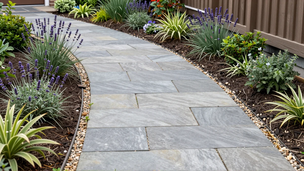 Frisch bepflanztes Gartenbeet neben einer Terrasse mit Lavendel, Hortensien, Straeuchern und Ziergraesern