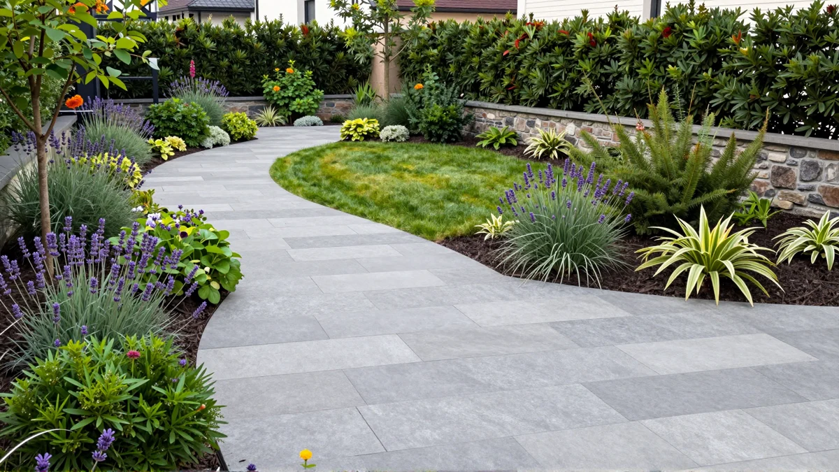 Frisch bepflanztes Gartenbeet neben einer Terrasse mit Lavendel, Hortensien, Straeuchern und Ziergraesern