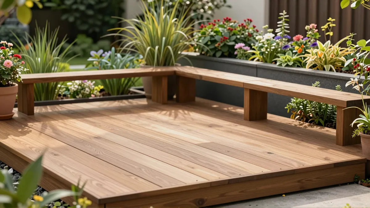 Moderne Holzterrasse in einem gepflegten Garten mit blühenden Pflanzen und Ziergräsern