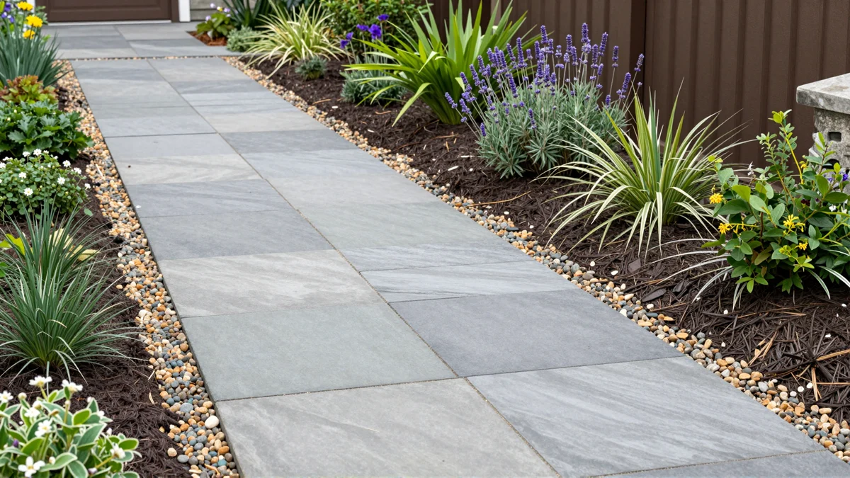 Frisch bepflanztes Gartenbeet neben einer Terrasse mit Lavendel, Hortensien, Straeuchern und Ziergraesern