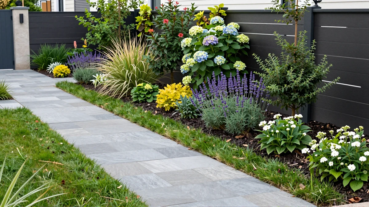 Frisch bepflanztes Gartenbeet neben einer Terrasse mit Lavendel, Hortensien, Straeuchern und Ziergraesern