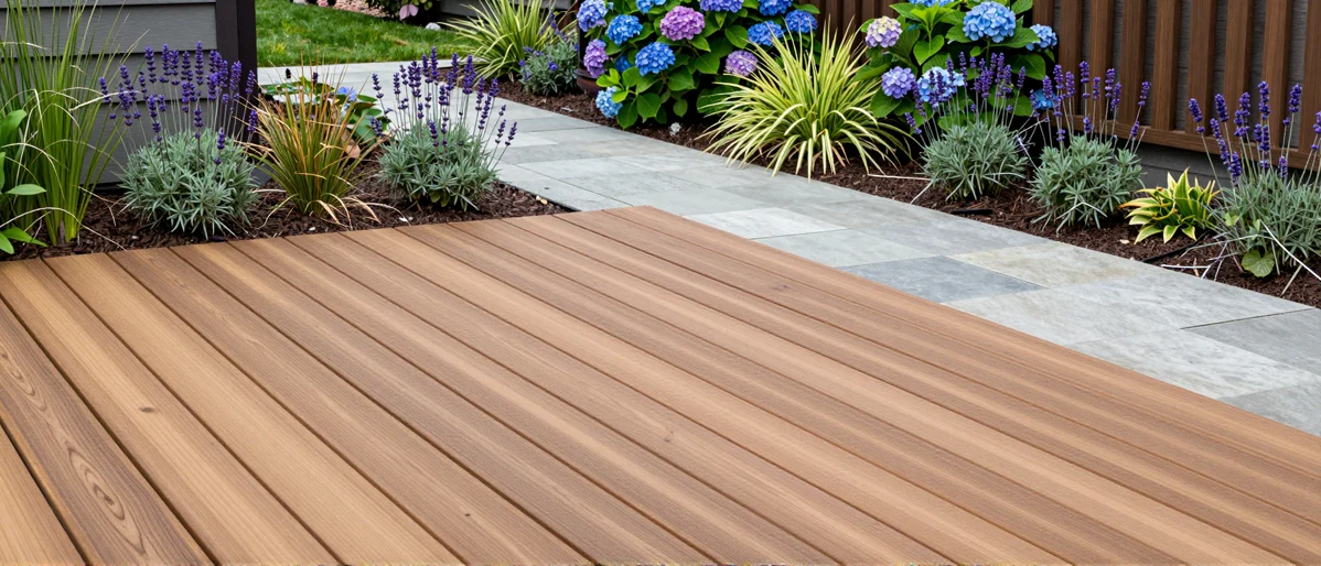 Neu angelegte Holzterrasse mit bepflanzten Rabatten, Ziergraesern und gepflegten Gartenwegen