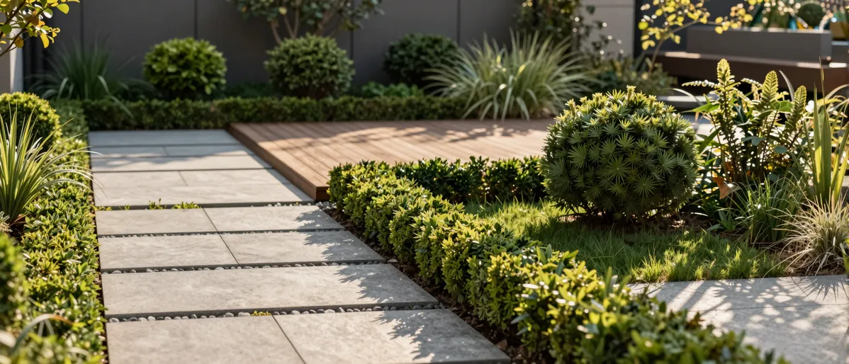 Moderner Garten mit geometrischen Steinwegen und gepflegten Sträuchern führt zu einer Holzterrasse