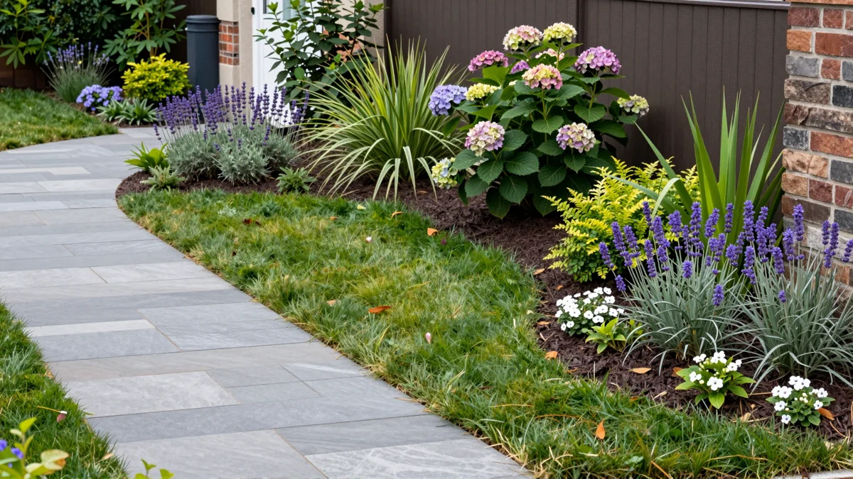 Frisch bepflanztes Gartenbeet neben einer Terrasse mit Lavendel, Hortensien, Straeuchern und Ziergraesern