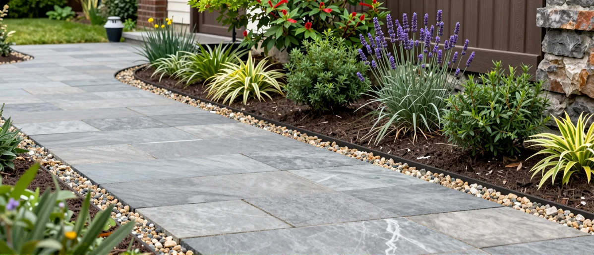 Frisch bepflanztes Gartenbeet neben einer Terrasse mit Lavendel, Hortensien, Straeuchern und Ziergraesern