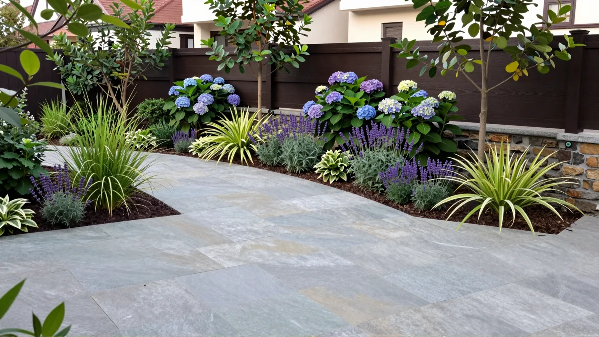 Frisch bepflanztes Gartenbeet neben einer Terrasse mit Lavendel, Hortensien, Straeuchern und Ziergraesern