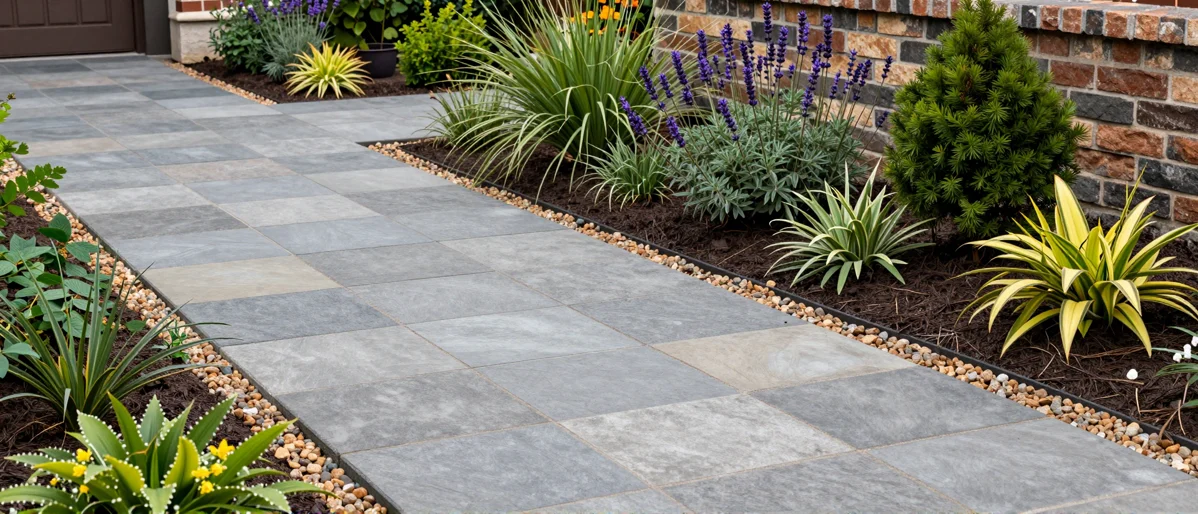 Frisch bepflanztes Gartenbeet neben einer Terrasse mit Lavendel, Hortensien, Straeuchern und Ziergraesern