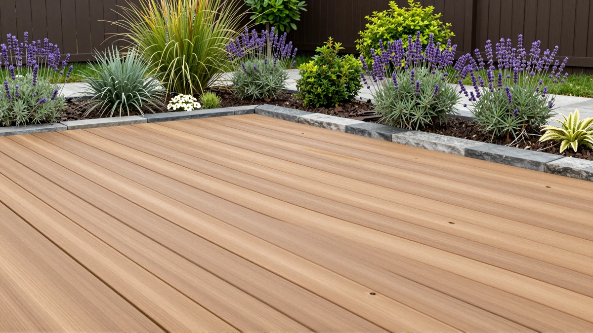 Neu angelegte Holzterrasse mit bepflanzten Rabatten, Ziergraesern und gepflegten Gartenwegen