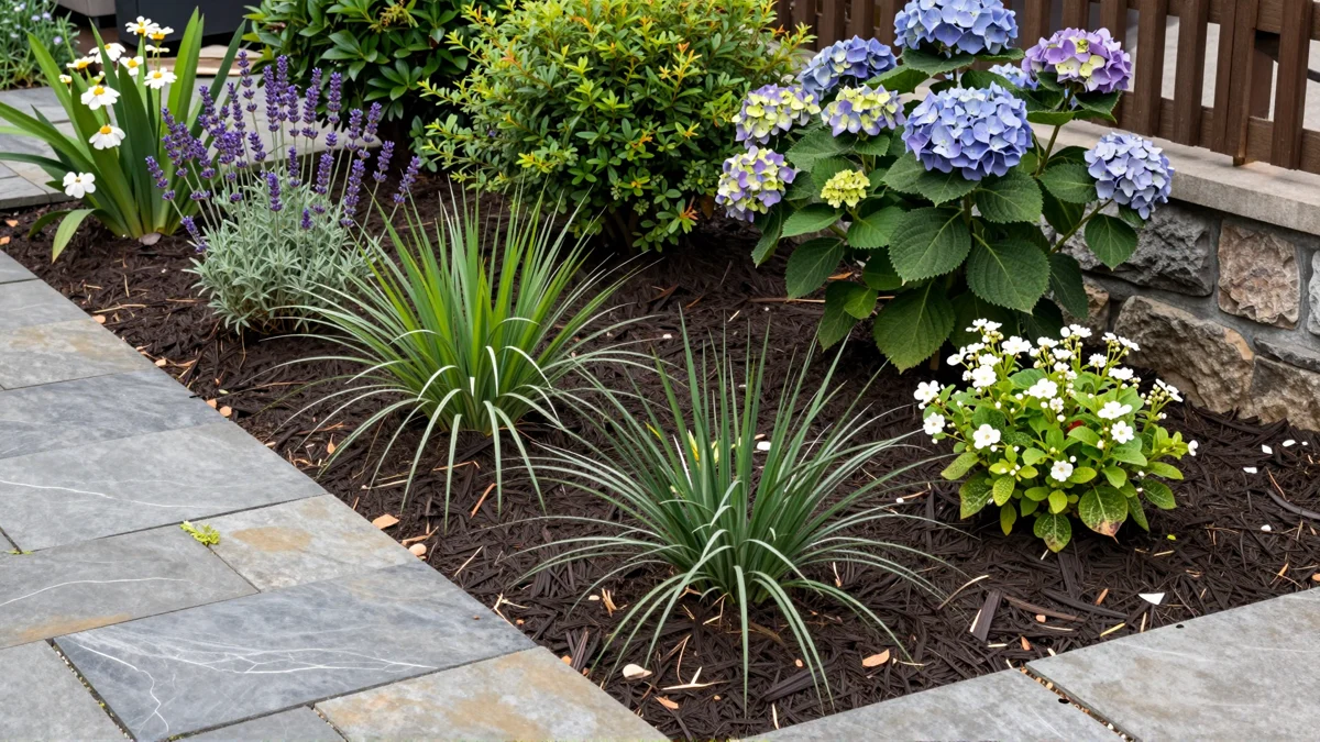 Frisch bepflanztes Gartenbeet neben einer Terrasse mit Lavendel, Hortensien, Straeuchern und Ziergraesern