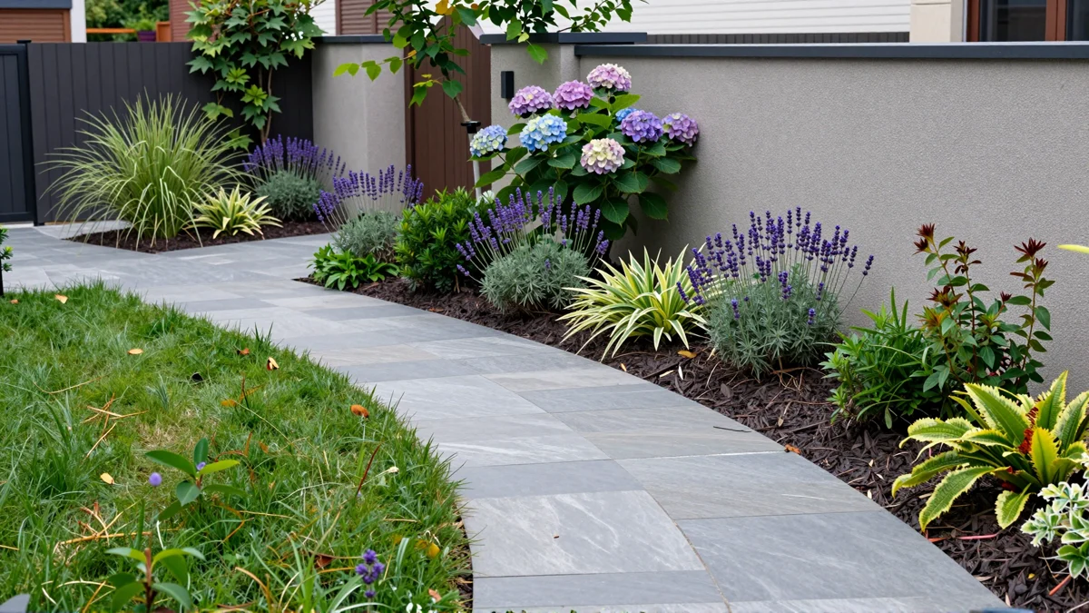 Frisch bepflanztes Gartenbeet neben einer Terrasse mit Lavendel, Hortensien, Straeuchern und Ziergraesern