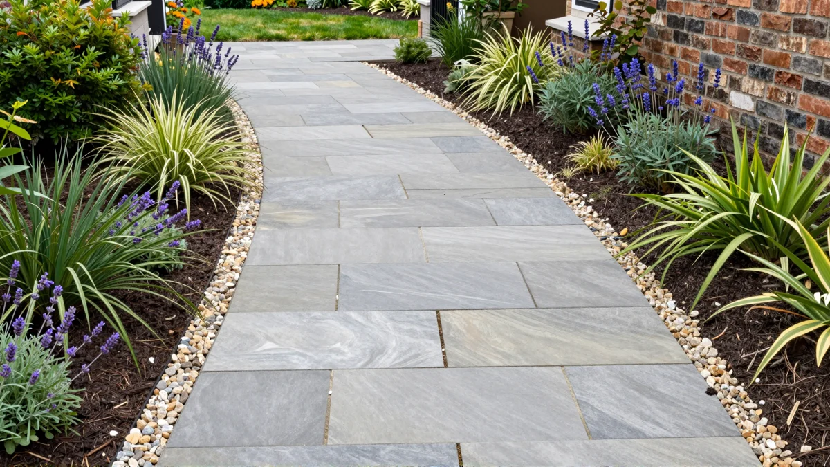 Frisch bepflanztes Gartenbeet neben einer Terrasse mit Lavendel, Hortensien, Straeuchern und Ziergraesern