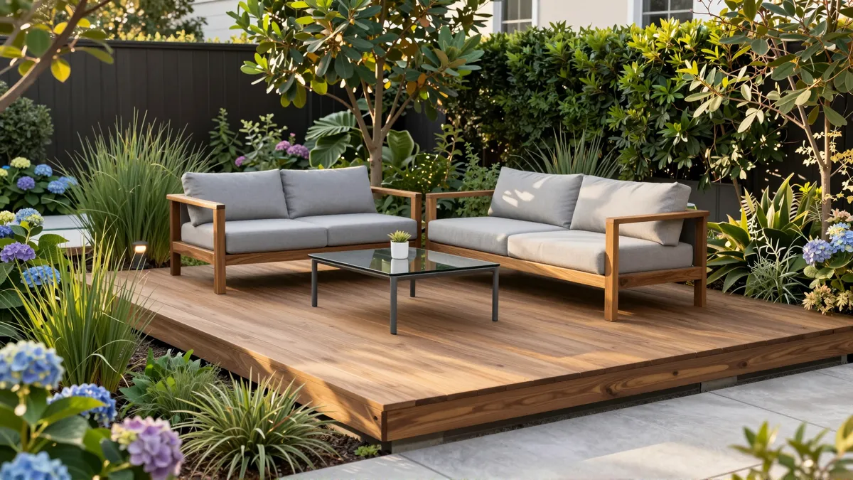Moderne Holzterrasse mit Outdoor-Möbeln inmitten üppiger Gartengestaltung und blühenden Pflanzen