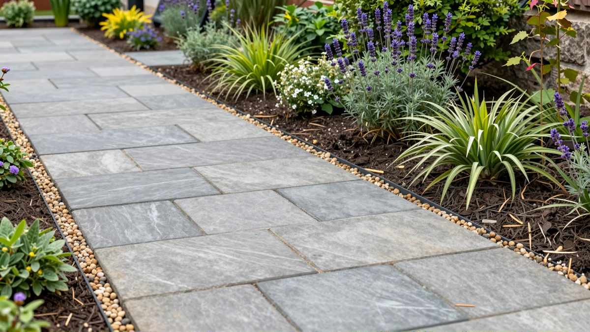 Frisch bepflanztes Gartenbeet neben einer Terrasse mit Lavendel, Hortensien, Straeuchern und Ziergraesern