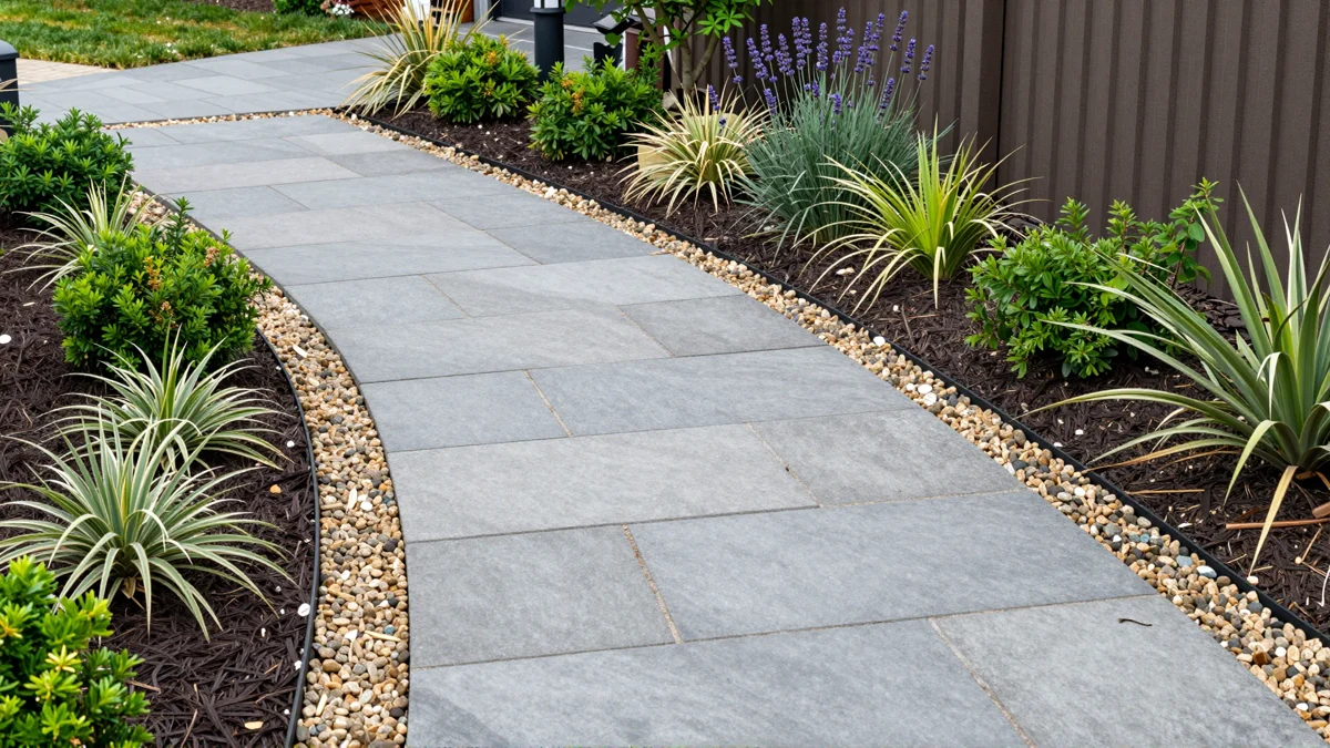 Frisch bepflanztes Gartenbeet neben einer Terrasse mit Lavendel, Hortensien, Straeuchern und Ziergraesern