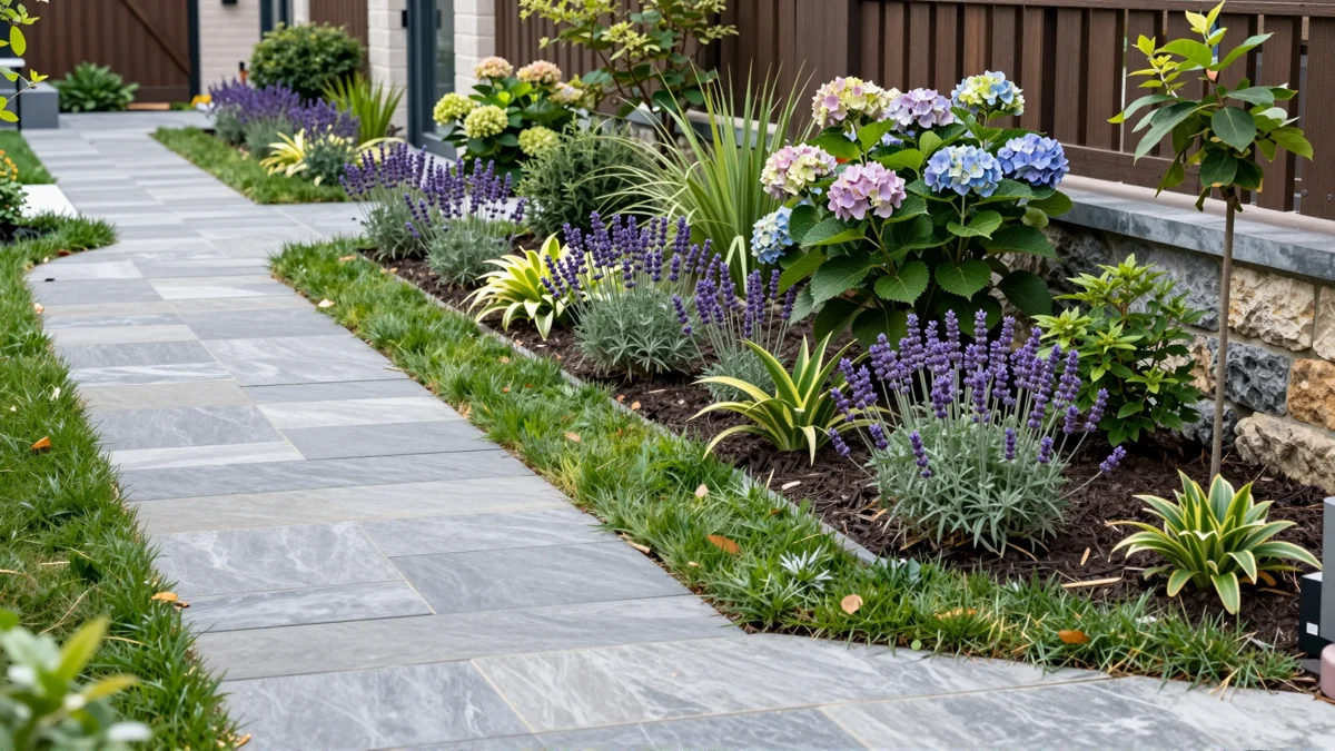Neu verlegter Gartenweg aus Naturstein mit Kieskante, Lavendel, Straeuchern und Ziergraesern