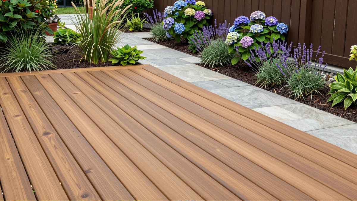 Neu angelegte Holzterrasse mit bepflanzten Rabatten, Ziergraesern und gepflegten Gartenwegen