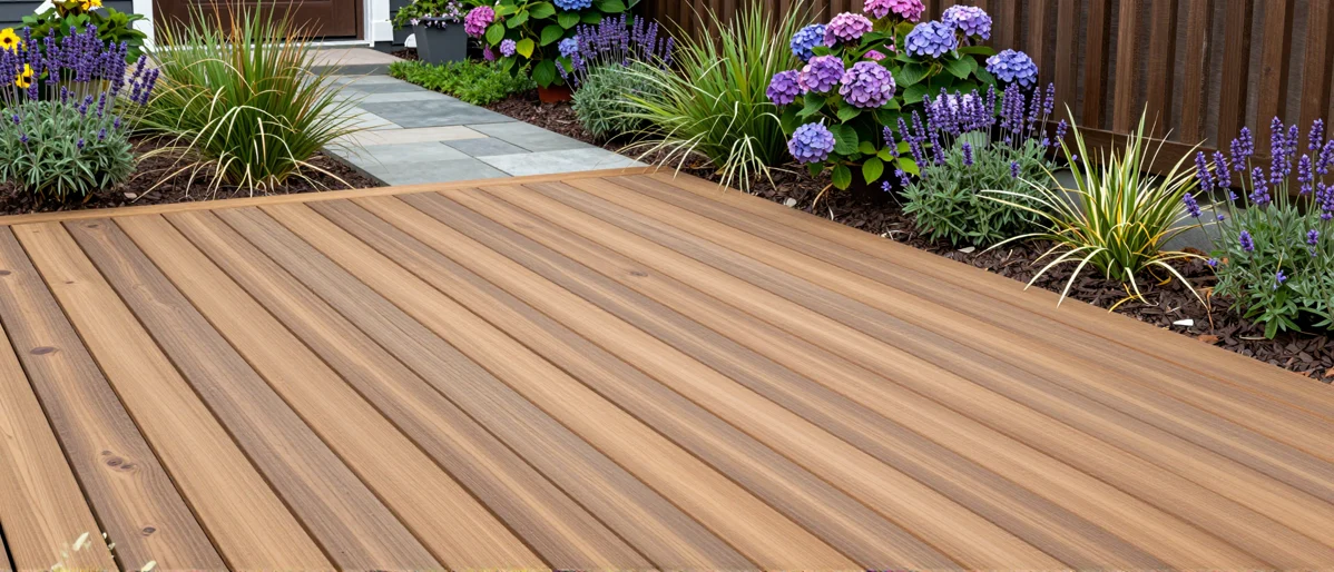 Neu angelegte Holzterrasse mit bepflanzten Rabatten, Ziergraesern und gepflegten Gartenwegen