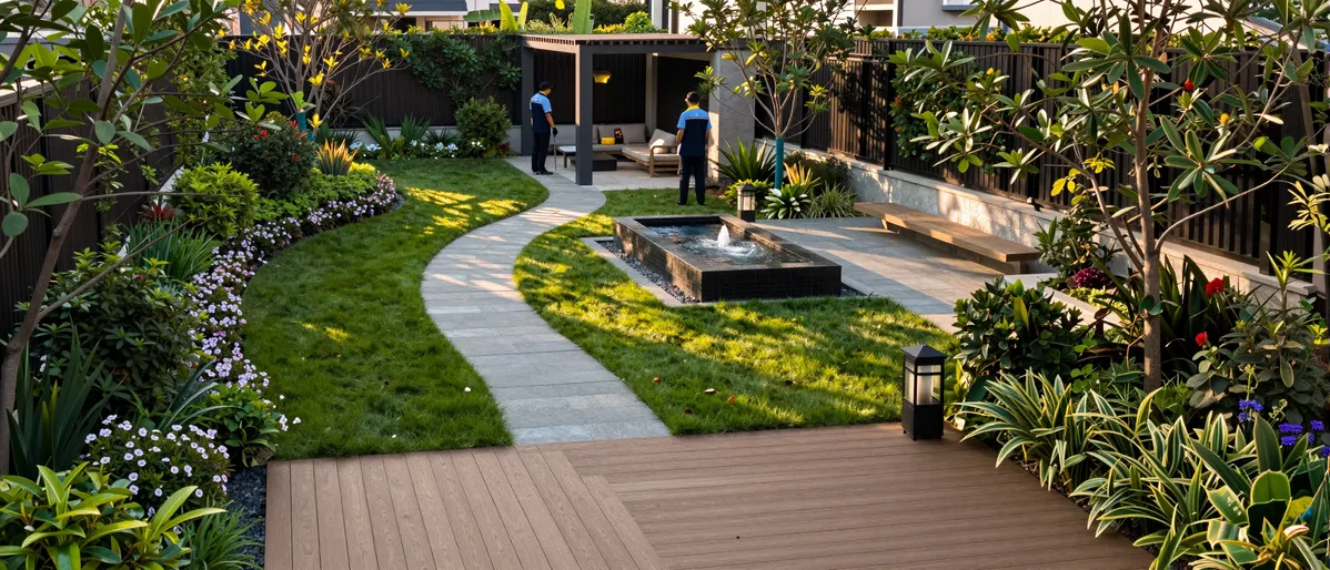 Ein gepflegter Garten mit Steinweg, blühenden Sträuchern und einer Holzterrasse bei Sonnenuntergang