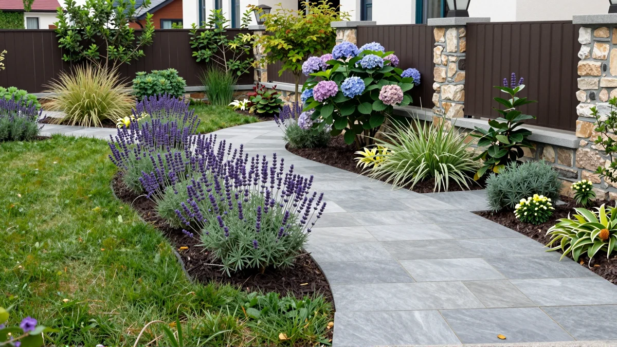 Frisch bepflanztes Gartenbeet neben einer Terrasse mit Lavendel, Hortensien, Straeuchern und Ziergraesern