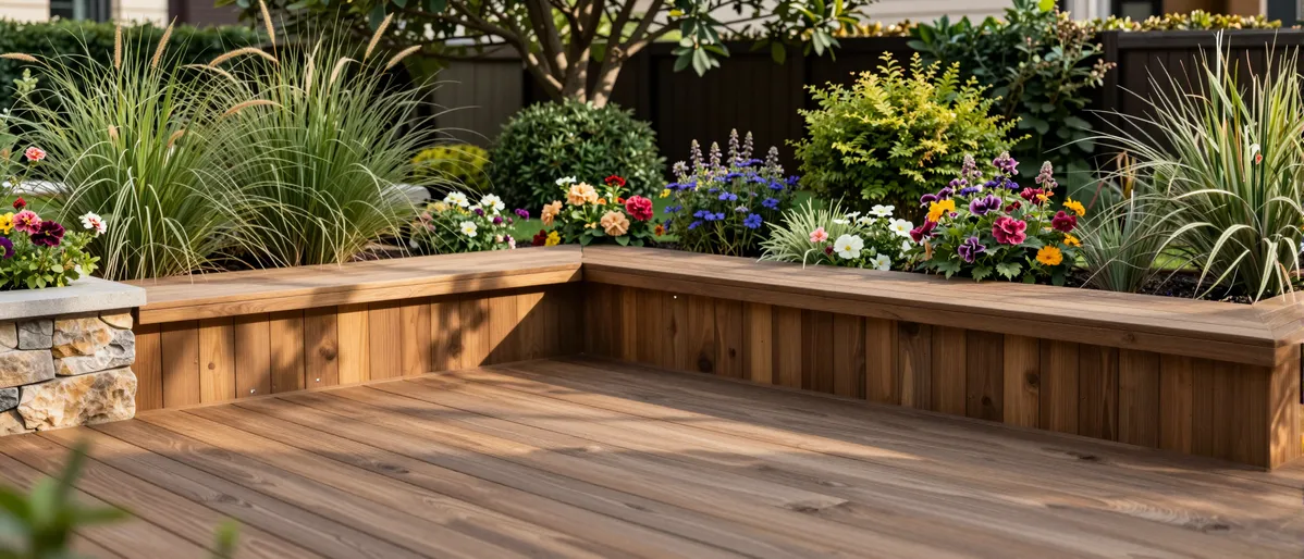 Moderne Holzterrasse mit Sitzbank in einem gepflegten Garten mit Ziergräsern und Blumen