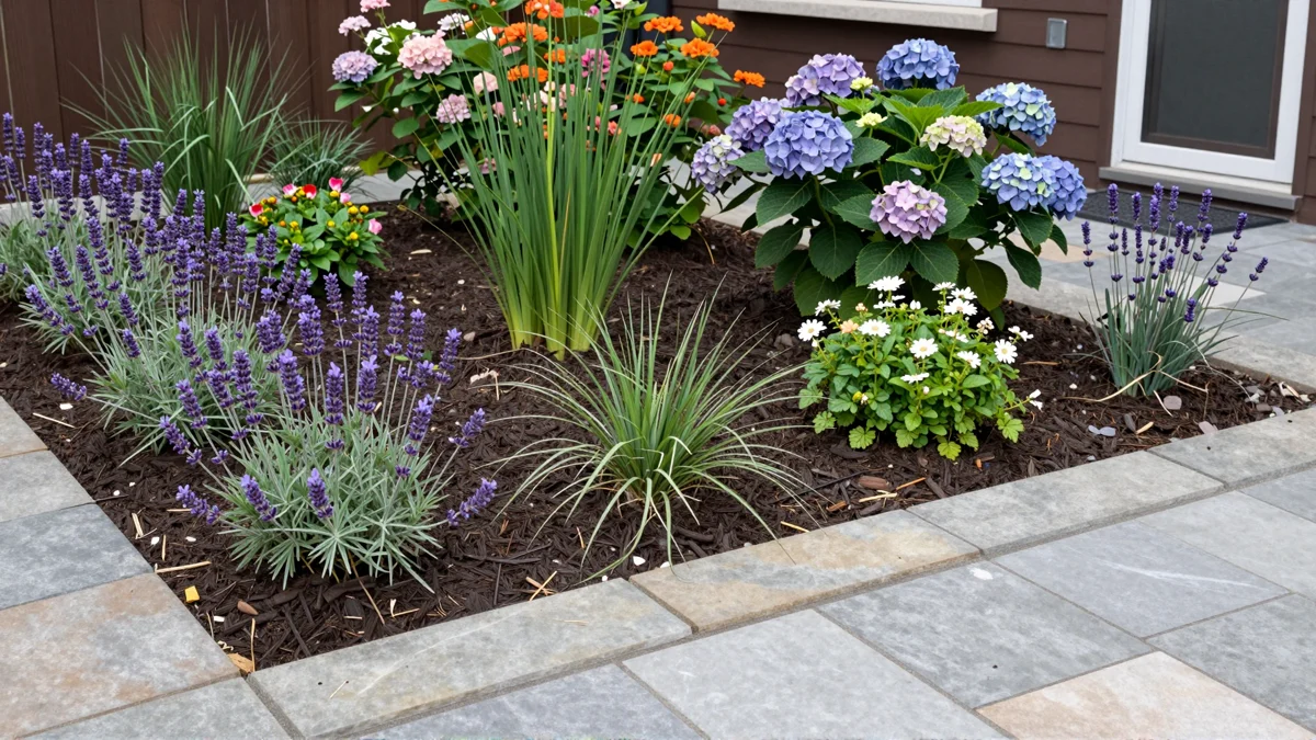 Frisch bepflanztes Gartenbeet neben einer Terrasse mit Lavendel, Hortensien, Straeuchern und Ziergraesern