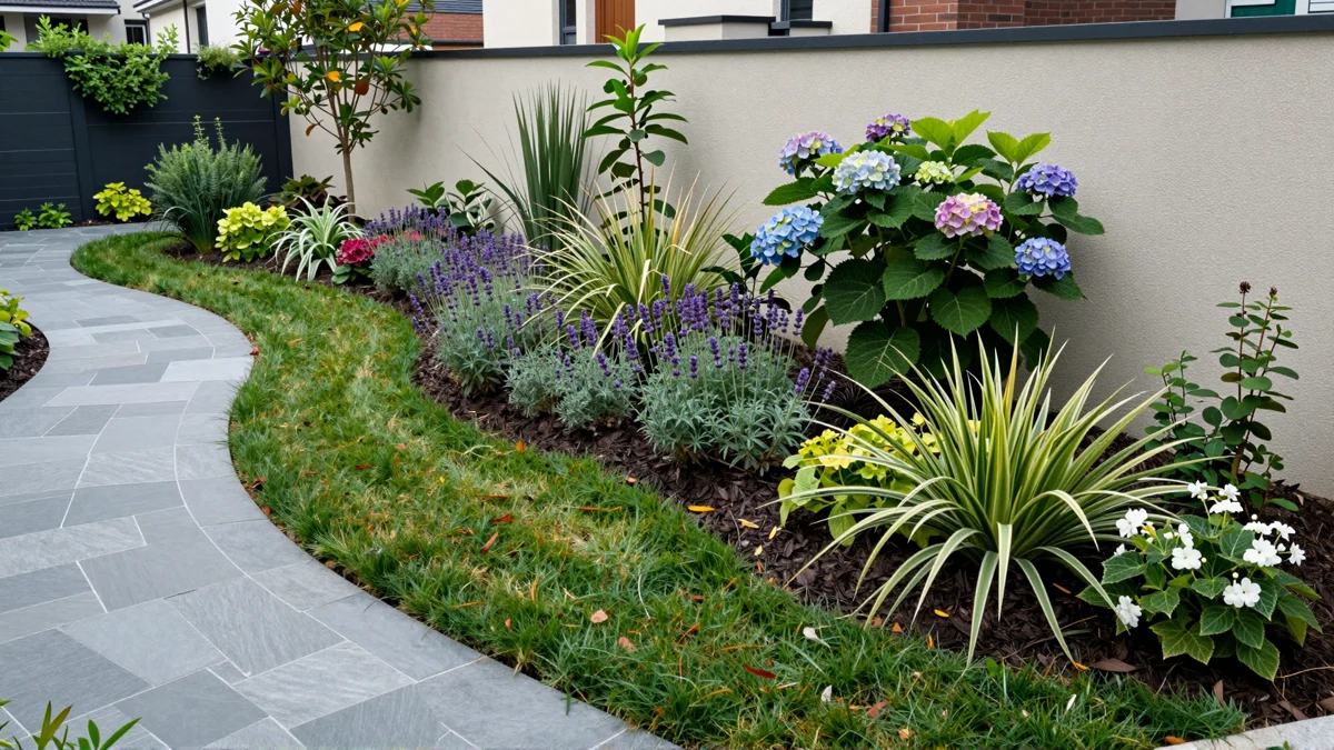 Frisch bepflanztes Gartenbeet neben einer Terrasse mit Lavendel, Hortensien, Straeuchern und Ziergraesern