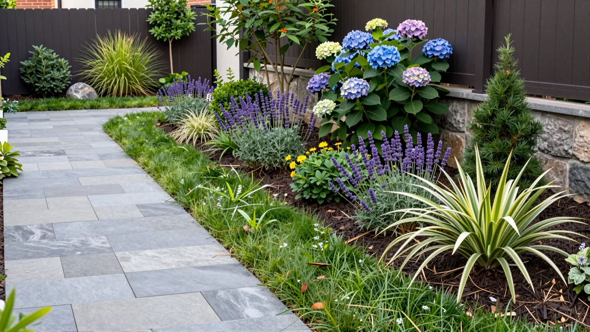 Frisch bepflanztes Gartenbeet neben einer Terrasse mit Lavendel, Hortensien, Straeuchern und Ziergraesern