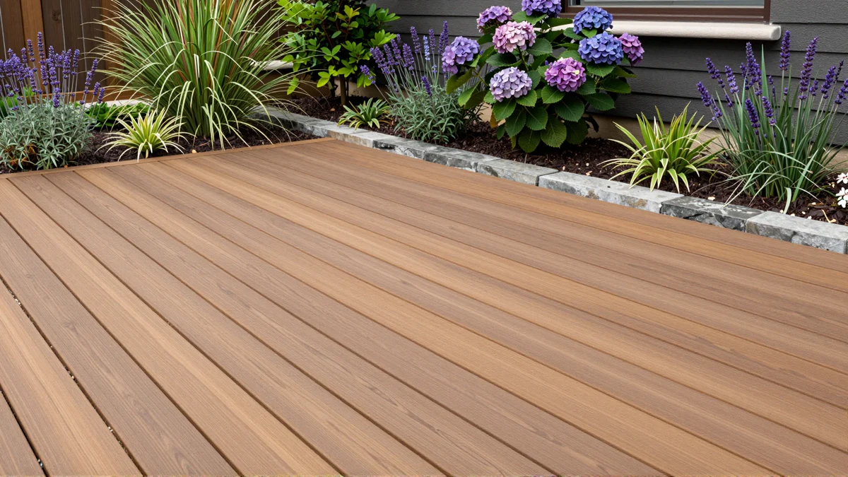 Neu angelegte Holzterrasse mit bepflanzten Rabatten, Ziergraesern und gepflegten Gartenwegen