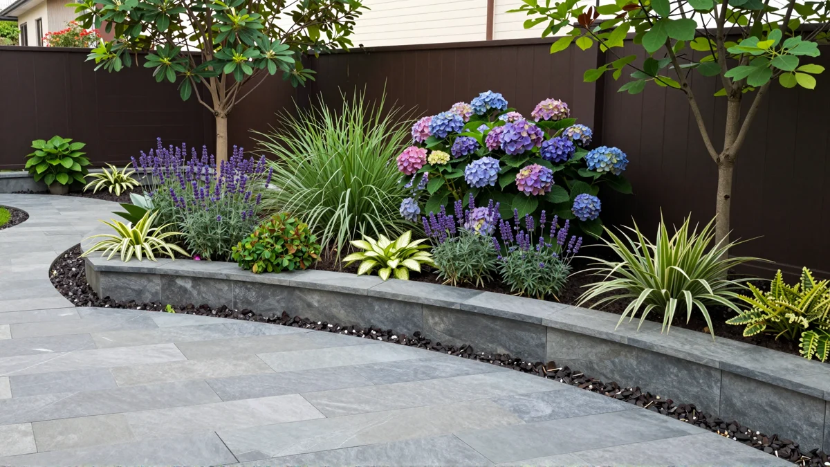Frisch bepflanztes Gartenbeet neben einer Terrasse mit Lavendel, Hortensien, Straeuchern und Ziergraesern
