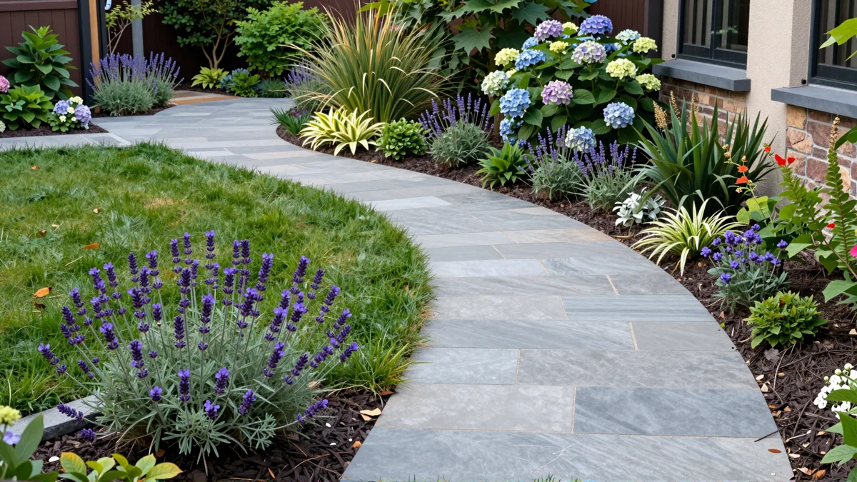 Frisch bepflanztes Gartenbeet neben einer Terrasse mit Lavendel, Hortensien, Straeuchern und Ziergraesern