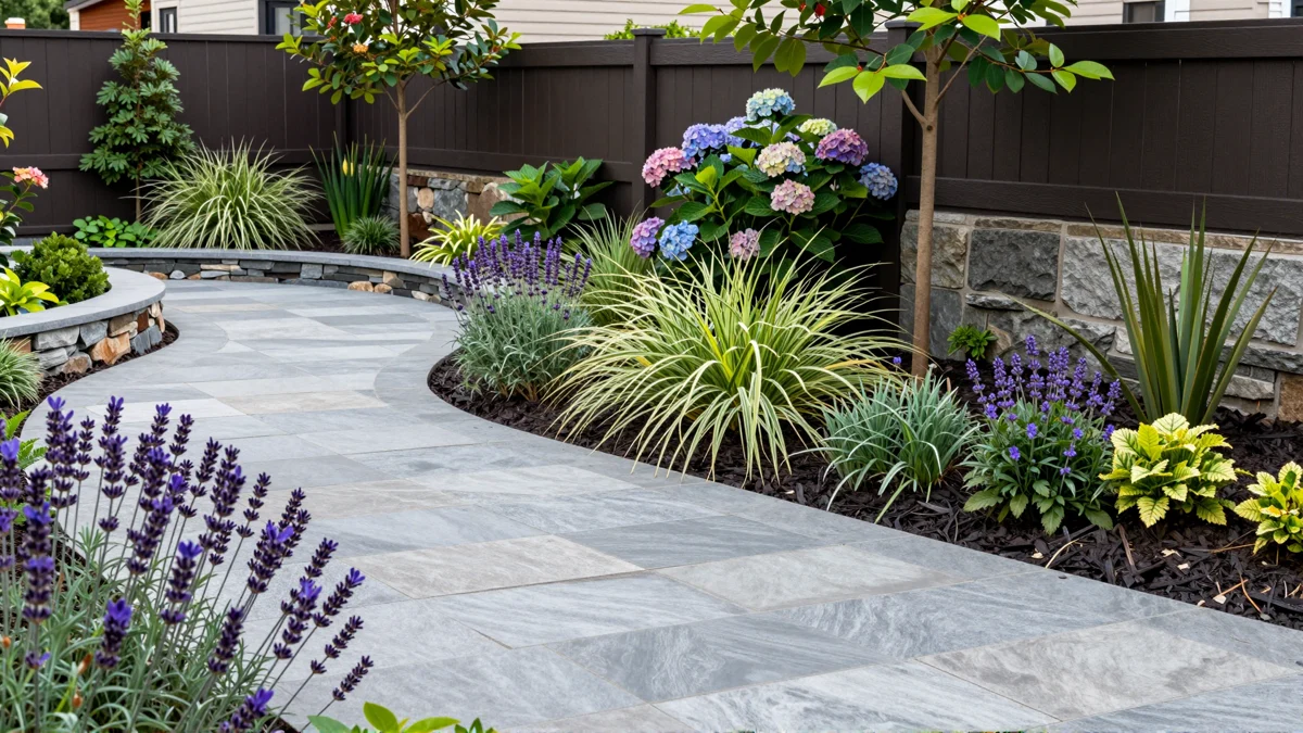 Frisch bepflanztes Gartenbeet neben einer Terrasse mit Lavendel, Hortensien, Straeuchern und Ziergraesern