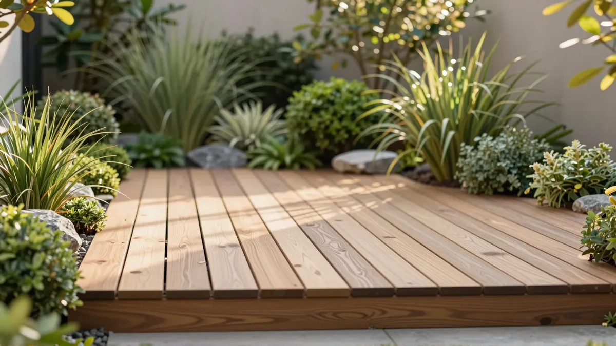 Moderne Holzterrasse in einem gepflegten Garten mit üppigen Pflanzen und Ziergräsern