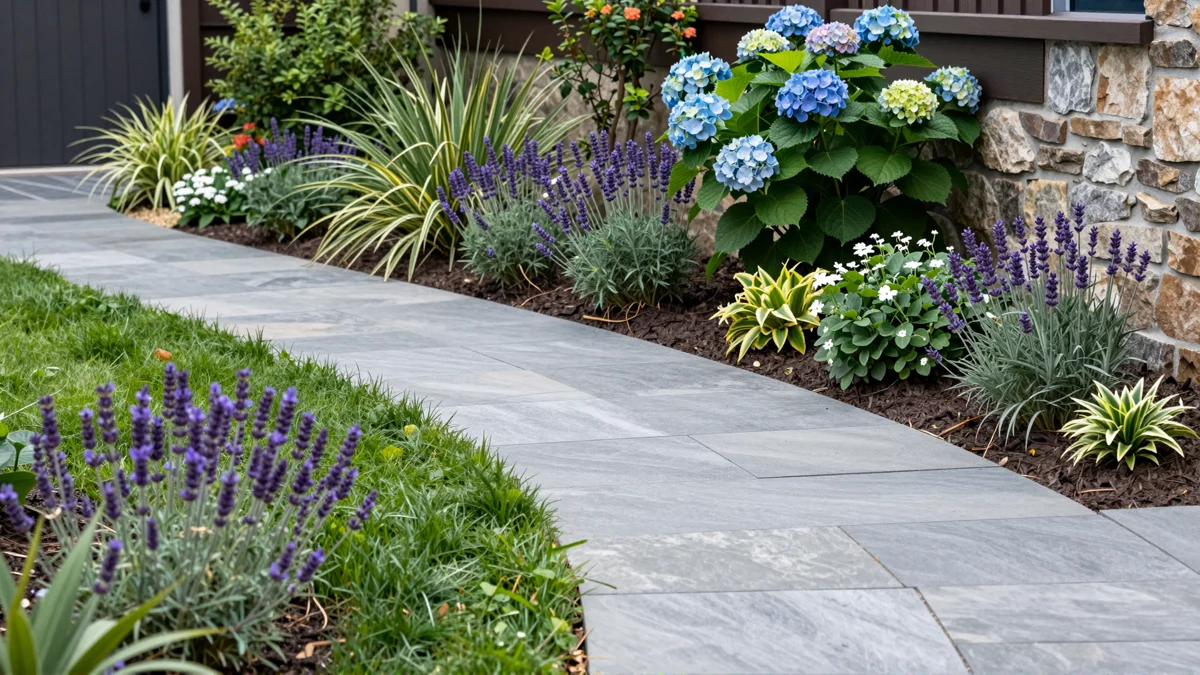 Frisch bepflanztes Gartenbeet neben einer Terrasse mit Lavendel, Hortensien, Straeuchern und Ziergraesern