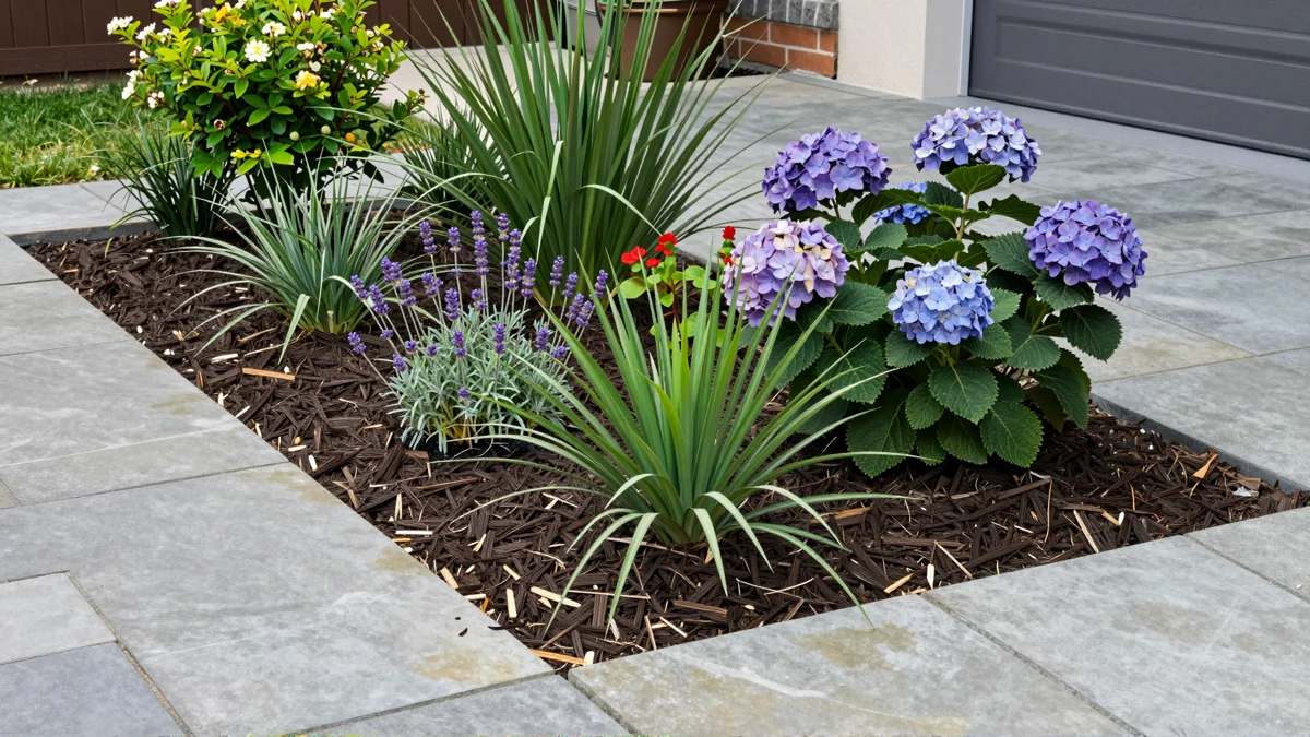 Frisch bepflanztes Gartenbeet neben einer Terrasse mit Lavendel, Hortensien, Straeuchern und Ziergraesern