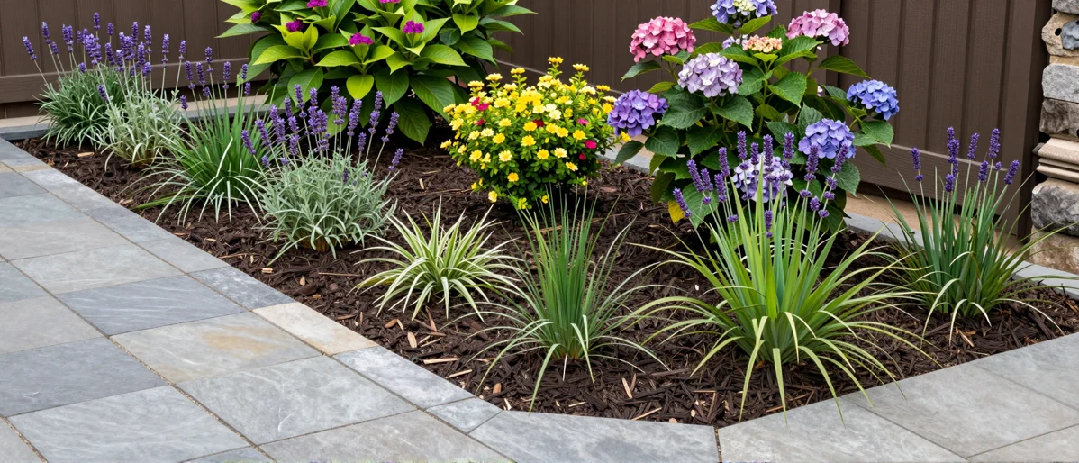 Frisch bepflanztes Gartenbeet neben einer Terrasse mit Lavendel, Hortensien, Straeuchern und Ziergraesern