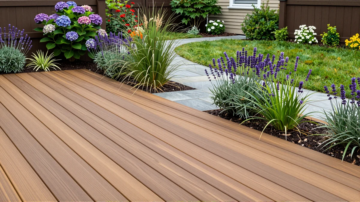 Neu angelegte Holzterrasse mit bepflanzten Rabatten, Ziergraesern und gepflegten Gartenwegen