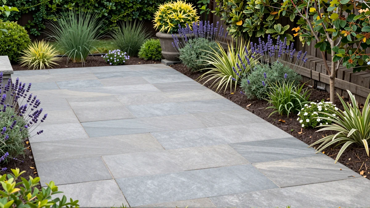 Fertig verlegte Natursteinterrasse mit sauber gefassten Pflanzbeeten, Lavendel und Ziergraesern